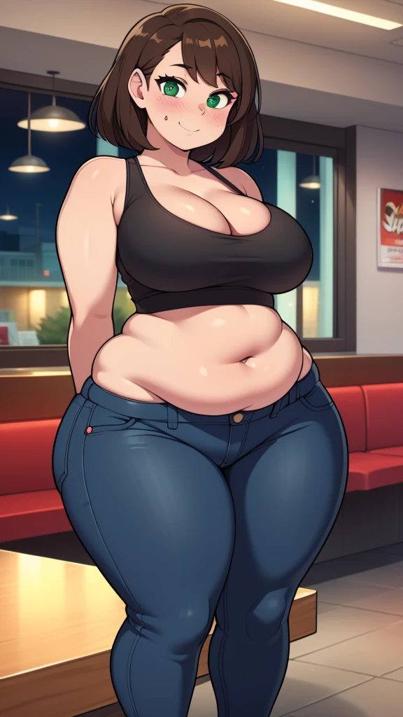 ((highres)), Masterpiece, high quality, best quality, beautiful, perfect lighting, detailed face, ultra cute face, looking at viewer, on a date, ((blush)), affectionate smile, ((1girl)), ((solo)), brown hair, fluffy hair, green eyes, jeans, crop top, tight clothes, fast food restaurant, medium breasts, cleavage, wide hips, ((thick thighs)), ((chubby)), chubby belly, standing, arms behind back, leaned over, cute pose,