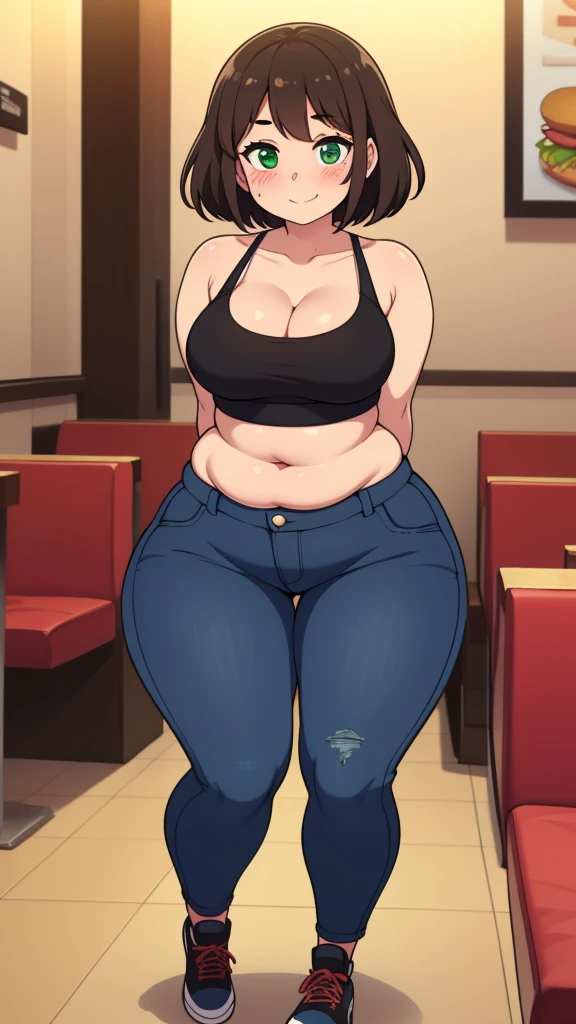 ((highres)), Masterpiece, high quality, best quality, beautiful, perfect lighting, detailed face, ultra cute face, looking at viewer, on a date, ((blush)), affectionate smile, ((1girl)), ((solo)), brown hair, fluffy hair, green eyes, jeans, crop top, tight clothes, fast food restaurant, medium breasts, cleavage, wide hips, ((thick thighs)), ((chubby)), chubby belly, standing, arms behind back, leaned over, cute pose,