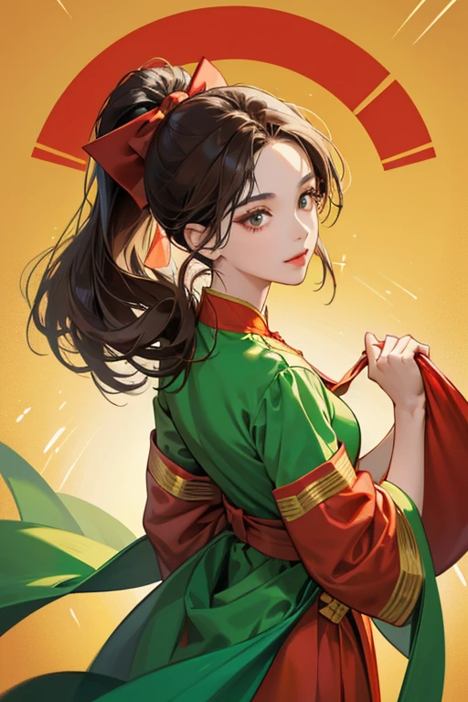 Vietnam has long, dark brown hair, she wears it in a low ponytail with a red bow. She wears a bright green áo dài - which is the Vietnamese traditional women's clothing, and a flat, conical hat (called a nón lá) tied to her back by a string red bow. SPARKLE; GLITTER