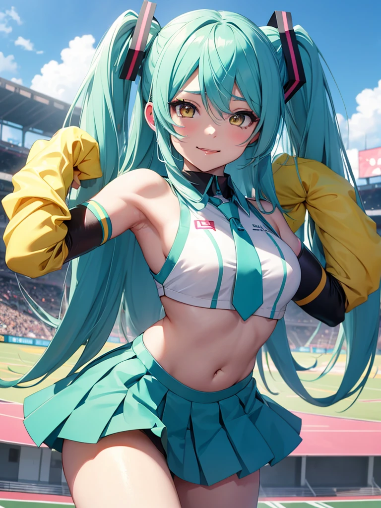 Hatsune Miku, cheerleader, showing the tongue, makeup, yellow eyes