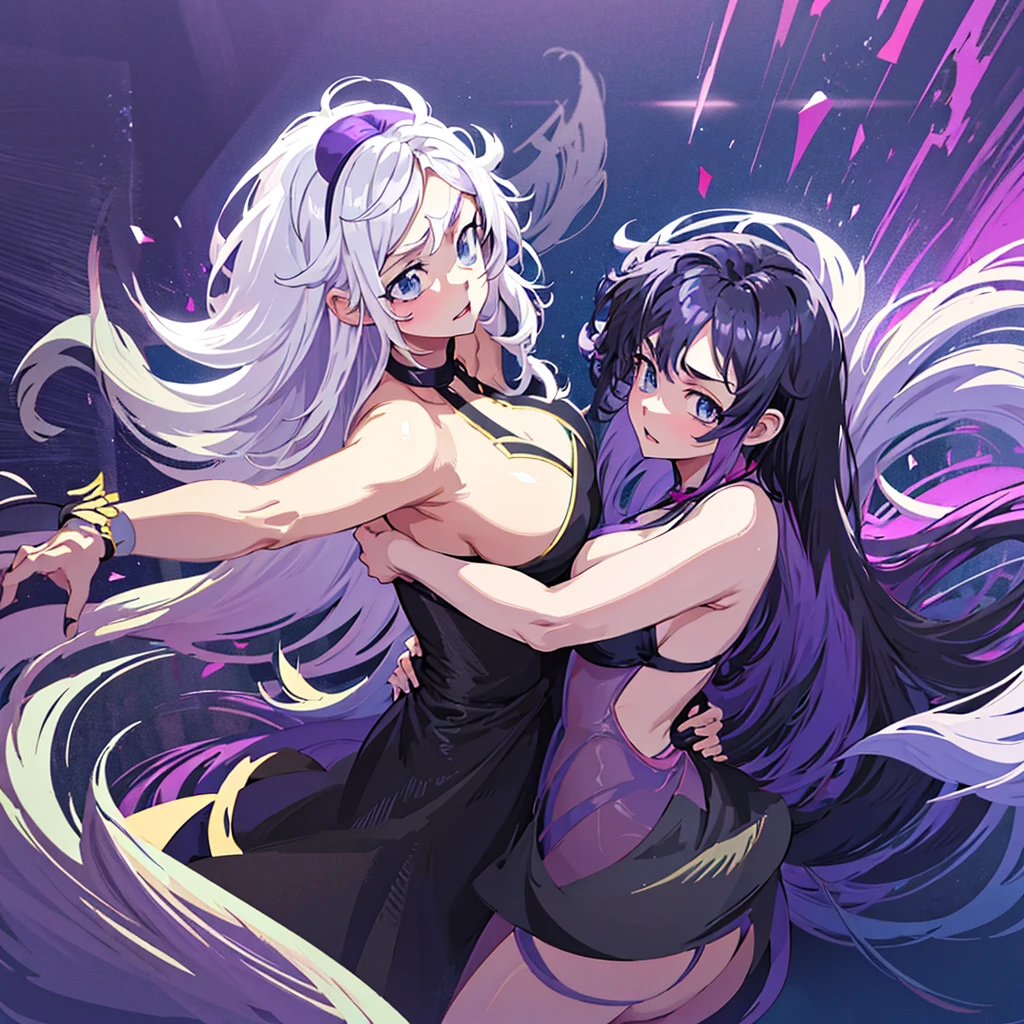 Anime two women a beautiful woman with long slightly wavy white hair bright blue eyes wearing a sexy black dress with black heels next to her a beautiful woman with long dark purple hair with bright purple eyes wearing a sexy black dress and black heels dancing in a nightclub