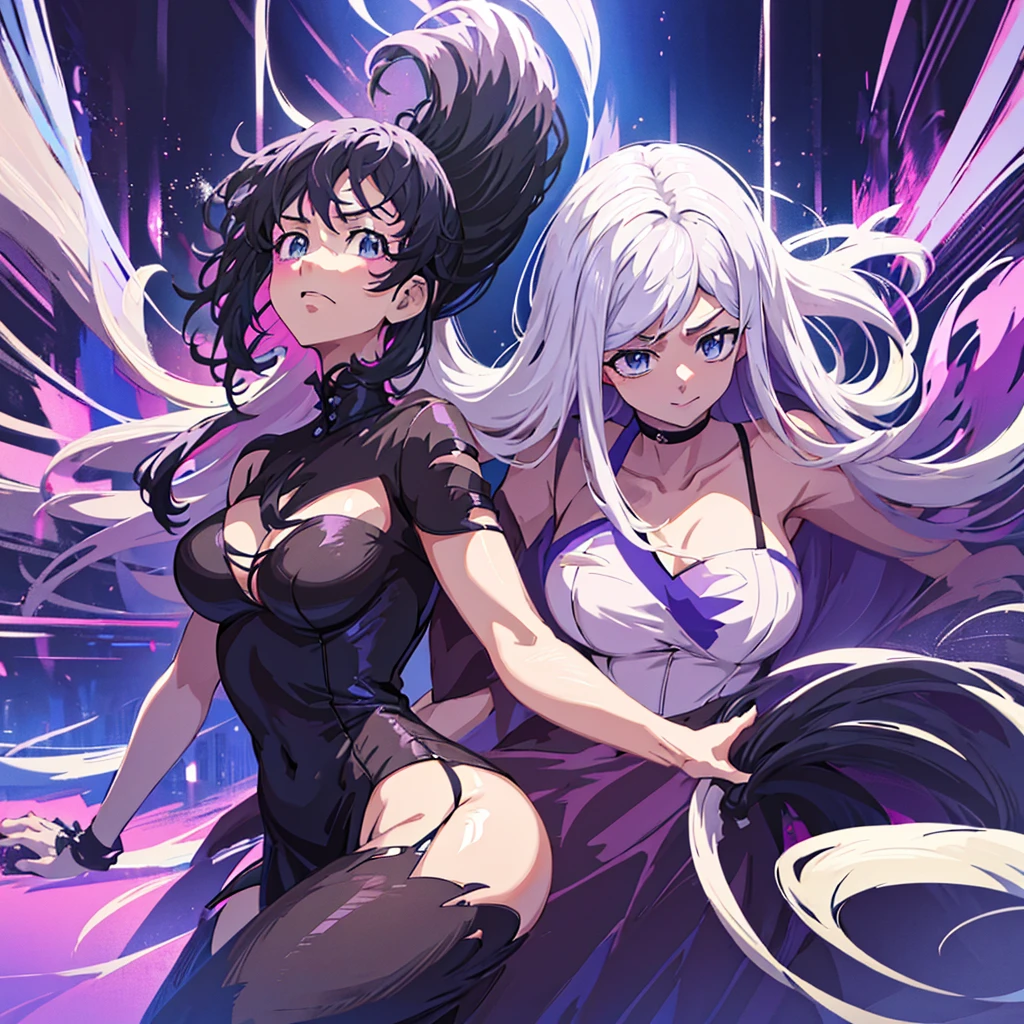 Anime two women a beautiful woman with long slightly wavy white hair bright blue eyes wearing a sexy black dress with black heels next to her a beautiful woman with long dark purple hair with bright purple eyes wearing a sexy black dress and black heels dancing in a nightclub