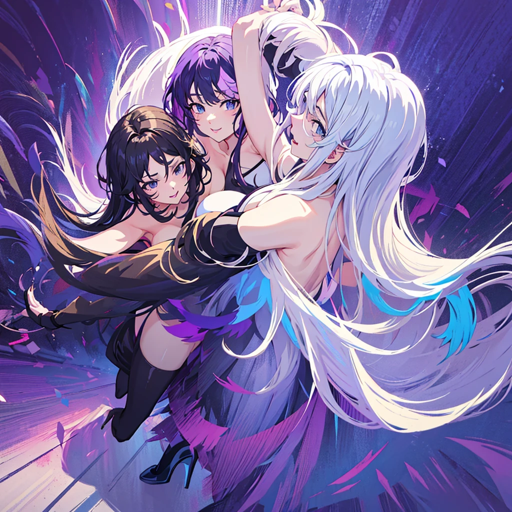 Anime two women a beautiful woman with long slightly wavy white hair bright blue eyes wearing a sexy black dress with black heels next to her a beautiful woman with long dark purple hair with bright purple eyes wearing a sexy black dress and black heels dancing in a nightclub