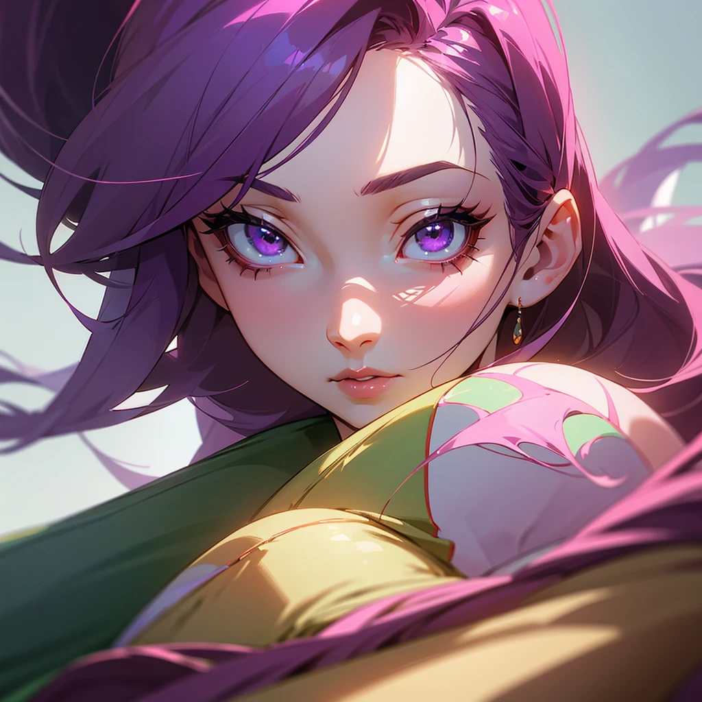 A detailed  with purple hair with green and red with a yellowish tone, purple eyes with red and pink, black shoes, pale skin, height 1,67 m, Beautiful detailed eyes, beautiful detailed lips, extremely detailed eyes and face, long eyelashes, high quality, 8k, hyperrealistic, photorealistic, ultra detailed. , Masterpiece, intricate details, vibrant colors, soft lighting, cinematographic, anime style,extremely detailed full body