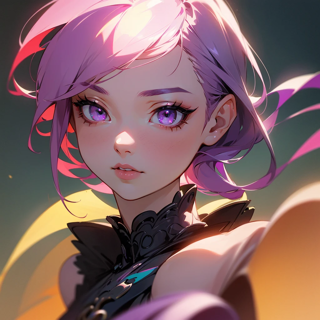 A detailed with purple hair with green and red with a yellowish tone, purple eyes with red and pink, black shoes, pale skin, height 1,67 m, Beautiful detailed eyes, beautiful detailed lips, extremely detailed eyes and face, long eyelashes, high quality, 8k, hyperrealistic, photorealistic, ultra detailed. , Masterpiece, intricate details, vibrant colors, soft lighting, cinematographic, anime style,extremely detailed full body