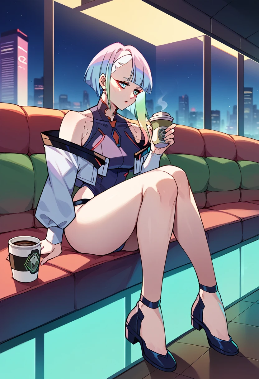 ore_9, score_8_up, score_7_up, lucy from cyberpunk edgerunners, full body, beauty woman, drinking coffee, night, sit
