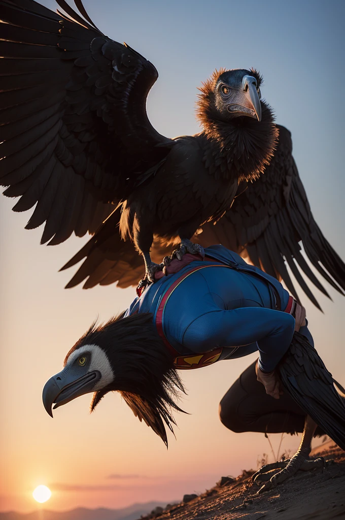 Make an image of a vulture devouring a very weak Superman 