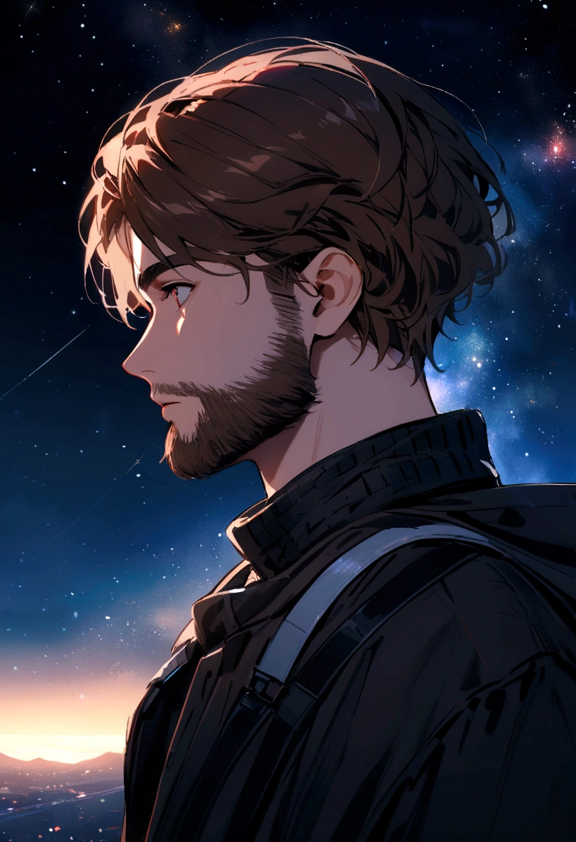 young guy with medium brown beard and medium long brown hair looking at night sky with bright stars and galaxies