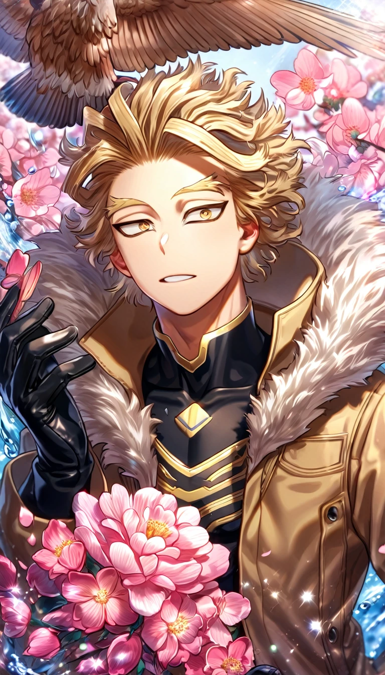 absurdres, highres, ultra detailed, HDR, master piece, best quality, Hawks, ash blond hair, expressive brown eyes, boku no hero academia, brown coat with fur, black tight shirt, black gloves, solo, sexy man, handsome, fantasy, shining, water, pink flowers, pink blossoms, pink butterflies, pink petals