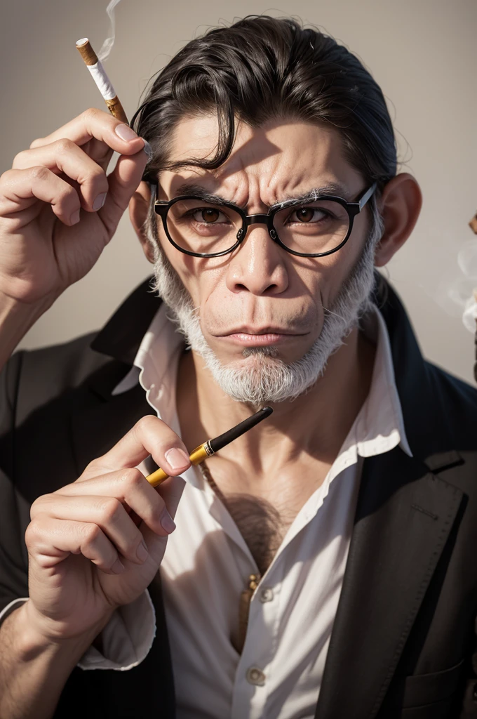 An angry monkey with a stone beak and a cigarette on his finger and wearing glasses