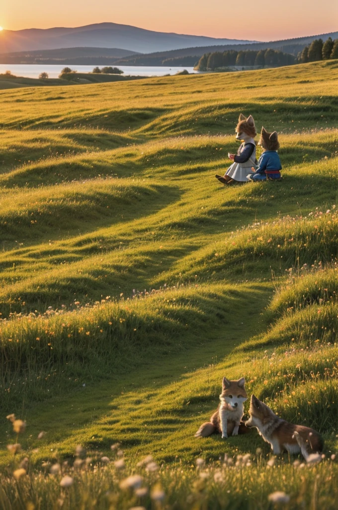 ((best quality)), ((​masterpiece)), (Detailed), An anthropomorphic little wolf cub, and an anthropomorphic little fox girl, sitting hand in hand in a meadow by a lake and watching the sunset.