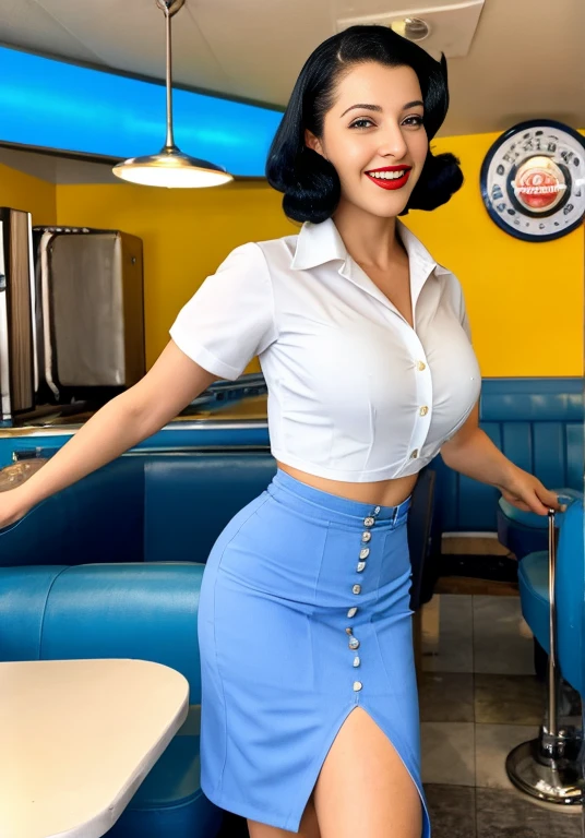 Arafed woman in blue skirt and white shirt on a skateboard., wearing rr diner uniform, in a 5 0s restaurant, in a classic restaurant from the 50s, 5 0's diner, at Classic Diner, ( waitress ) girl, retro 50s style, 50s style, 50s style, pin-up style, 50s vibes