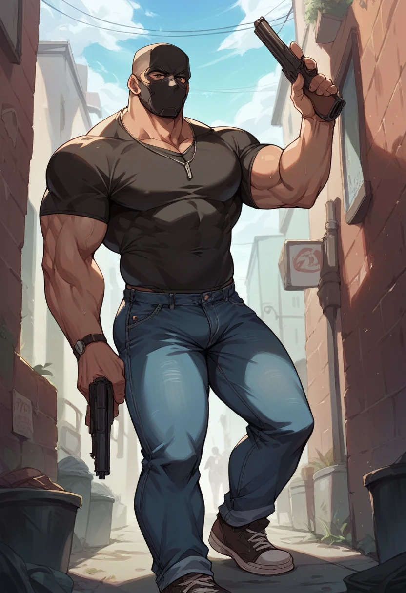 Tall muscular man with dark mask wearing a black blouse and jeans in an alley with a gun