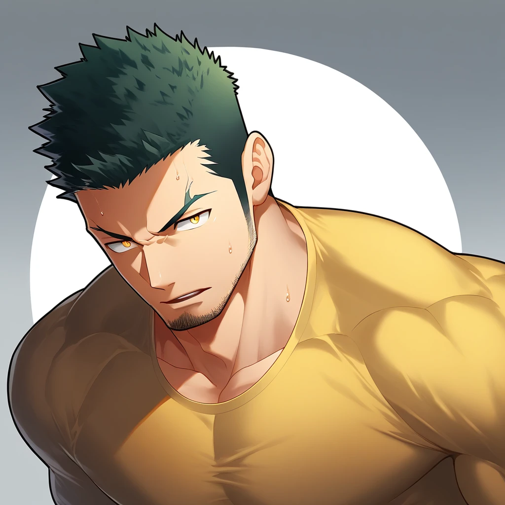 anime characters：Gyee, Priapus，Muscle Sports Student, 1 muscular tough guy, Manliness, male focus, Close-up of the side, Light yellow high collar long sleeve tight T-shirt, Very tight, The clothes were soaked with sweat, The pectoral muscles are oversized, Slightly transparent, muscular male, muscular, only, Upper body, alone, Black short hair, Thick eyebrows, stubble, Yellow eyes, Grey background, simple background, amazing quality, best aesthetics, Ridiculous, bright pupils, crew cut, parted lips, v-shaped eyebrows, jitome, disdain, drop shadow, best quality