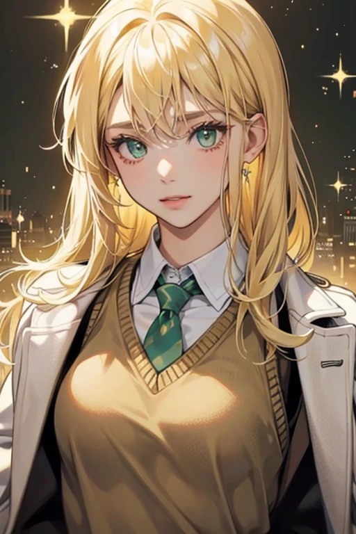 she has blond hair and green eyes. 
sHe can often be seen wearing a light-colored suit with a sweater vest under a darker coat. SPARKLE; GLITTER