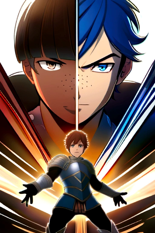 Poster of the series where the protagonists are two boys ., one with blue hair ,blue eyes and freckles and the second character with brown hair, Brown eyes, both wearing language of Legends style armor