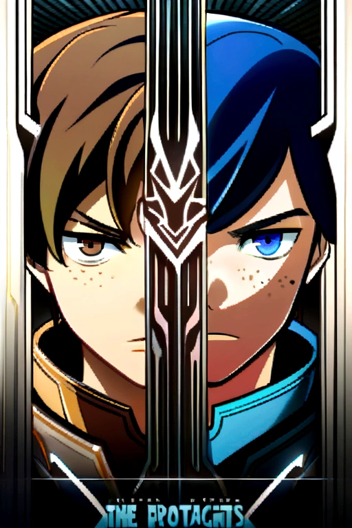 Poster of the series where the protagonists are two boys ., one with blue hair ,blue eyes and freckles and the second character with brown hair, Brown eyes, both wearing language of Legends style armor