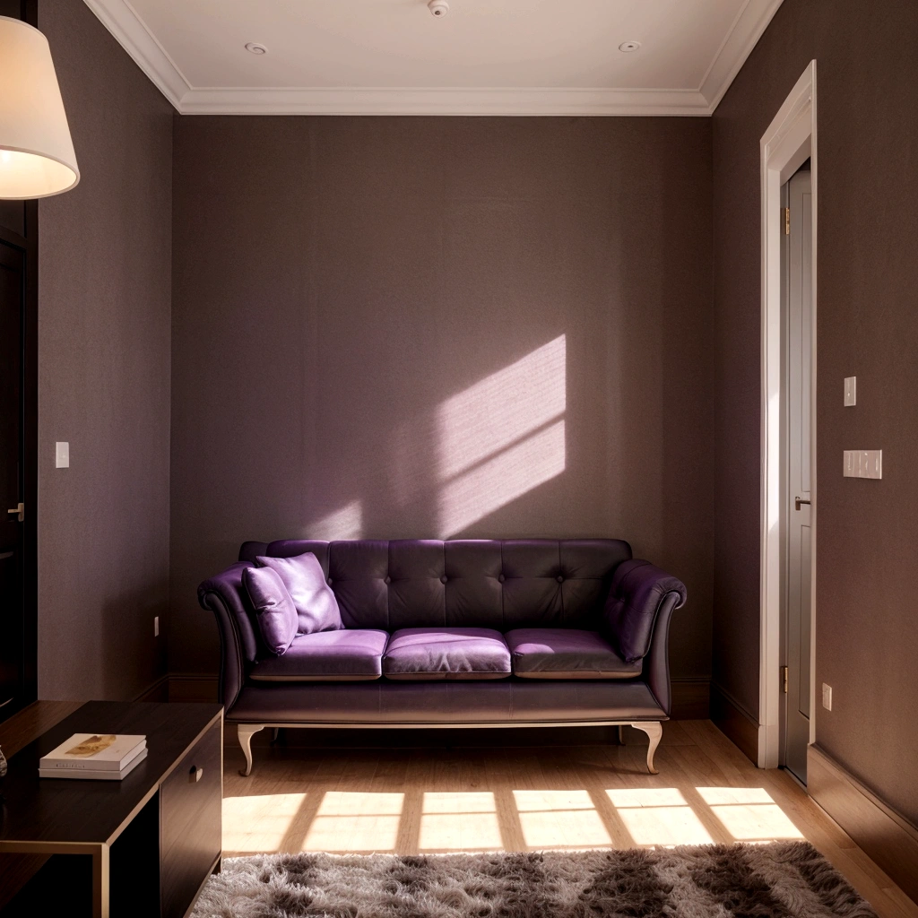 Generate a luxurious, modern room background for my videos. The room should have the following elements:
- A wall behind me painted with dark purple oil paint.
- A couple of beautifully framed modern pictures hanging on the wall.
- A sleek, contemporary bookshelf filled with books and some decorative items.
- Bright, ambient lighting with a predominance of purple hues, including neon LED lights that match the wall color.
- Furniture and decor that reflect current interior design trends, but no seating furniture in the background.