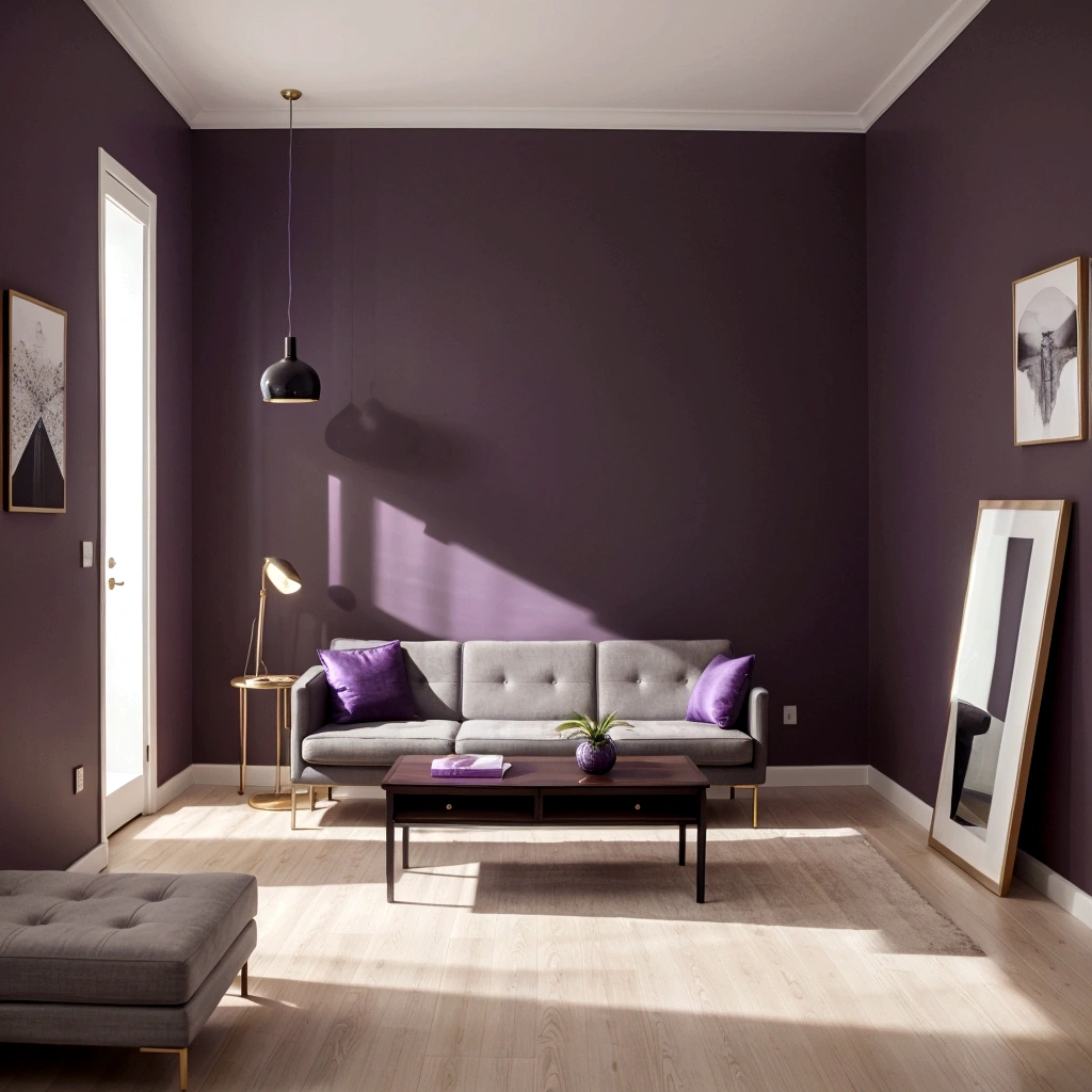 Generate a luxurious, modern room background for my videos. The room should have the following elements:
- A wall behind me painted with dark purple oil paint.
- A couple of beautifully framed modern pictures hanging on the wall.
- A sleek, contemporary bookshelf filled with books and some decorative items.
- Bright, ambient lighting with a predominance of purple hues, including neon LED lights that match the wall color.
- Furniture and decor that reflect current interior design trends, but no seating furniture in the background.
