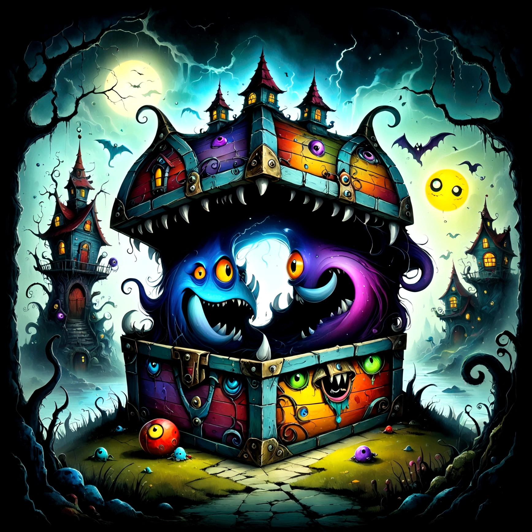 Colorful treasure chest monsters,Artistically expressed,by Alexander Jansson　style, Stunningly beautiful work, The characters and elements of the landscape fit perfectly within the image frame, Detailed realization, Define high quality, Expressive Face, Sharp eyes,(background:Ghost House),masterpiece,Cute Monster