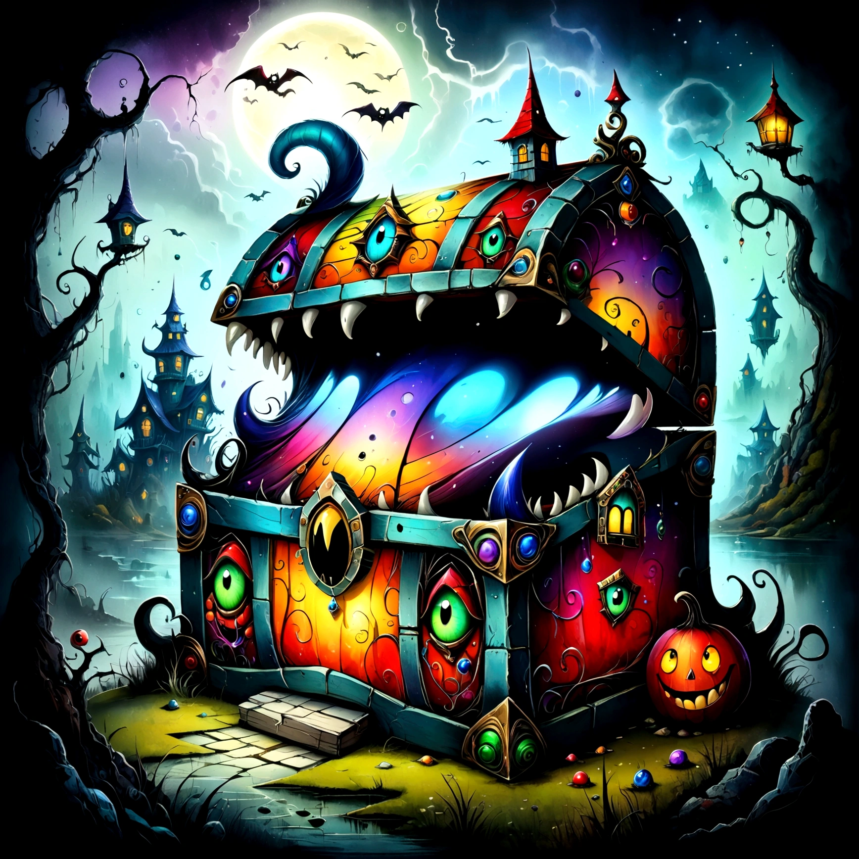 Colorful treasure chest monsters,Artistically expressed,by Alexander Jansson　style, Stunningly beautiful work, The characters and elements of the landscape fit perfectly within the image frame, Detailed realization, Define high quality, Expressive Face, Sharp eyes,(background:Ghost House),masterpiece,Cute Monster