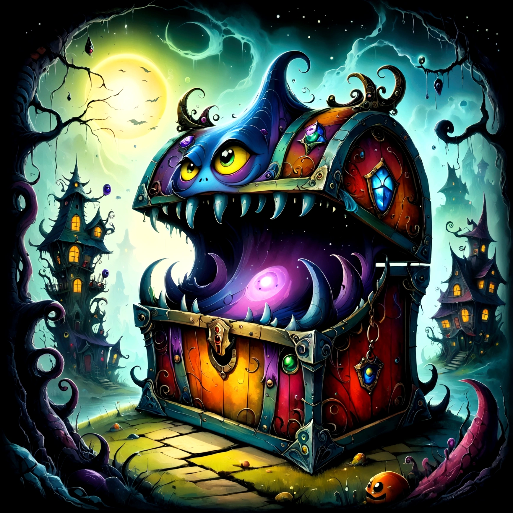 Colorful treasure chest monsters,Artistically expressed,by Alexander Jansson　style, Stunningly beautiful work, The characters and elements of the landscape fit perfectly within the image frame, Detailed realization, Define high quality, Expressive Face, Sharp eyes,(background:Ghost House),masterpiece,Cute Monster