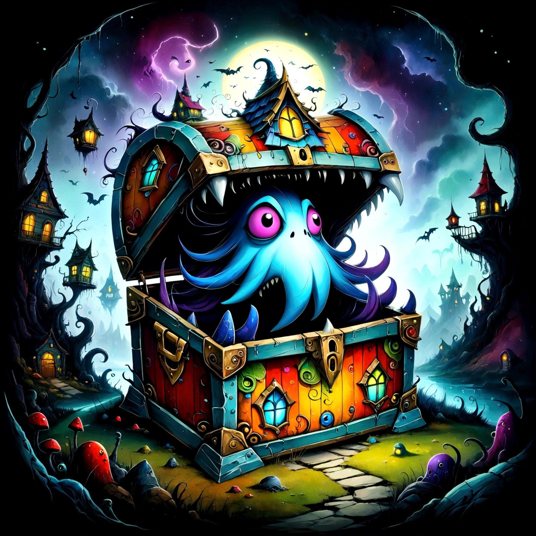 Colorful treasure chest monsters,Artistically expressed,by Alexander Jansson　style, Stunningly beautiful work, The characters and elements of the landscape fit perfectly within the image frame, Detailed realization, Define high quality, Expressive Face, Sharp eyes,(background:Ghost House),masterpiece,Cute Monster