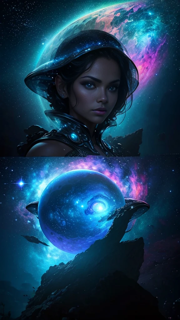 (Best quality,Ultra-detailed,Realistic:1.37), Extraterrestrial life form (Latina Adult Model Daisy Marie), Glowing ethereal eyes, Intricate alien characteristics, busty,[(((Glassy transparent skin alien)))+purpleish color], Vibrant colors, celestial background, Cosmic atmosphere, mystical aura, otherworldly presence, Starry sky, Radiant celestial bodies, Interstellar beauty, Mesmerizing light patterns, Surrealist composition, Otherworldly brilliance, starry,stars, cloud,colorful