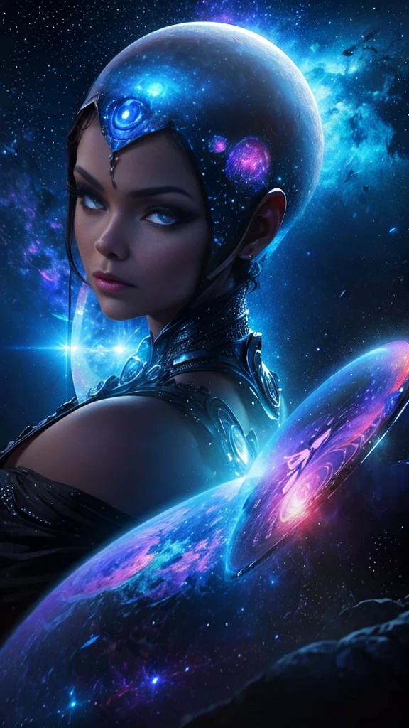 (Best quality,Ultra-detailed,Realistic:1.37), Extraterrestrial life form (Latina Adult Model Daisy Marie), Glowing ethereal eyes, Intricate alien characteristics, busty,[(((Glassy transparent skin alien)))+purpleish color], Vibrant colors, celestial background, Cosmic atmosphere, mystical aura, otherworldly presence, Starry sky, Radiant celestial bodies, Interstellar beauty, Mesmerizing light patterns, Surrealist composition, Otherworldly brilliance, starry,stars, cloud,colorful