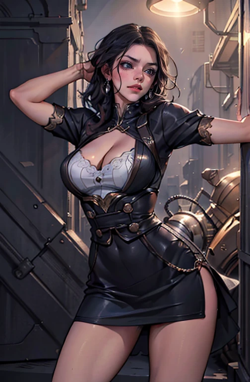 a beautiful woman with radiant eyes, a warm embrace, a bright smile, large full breasts, a mini skirt, black outfit,high quality, 8k, photorealistic, masterpiece, dramatic lighting, cinematic composition, intricate details, alluring expression, elegant pose, graceful movements