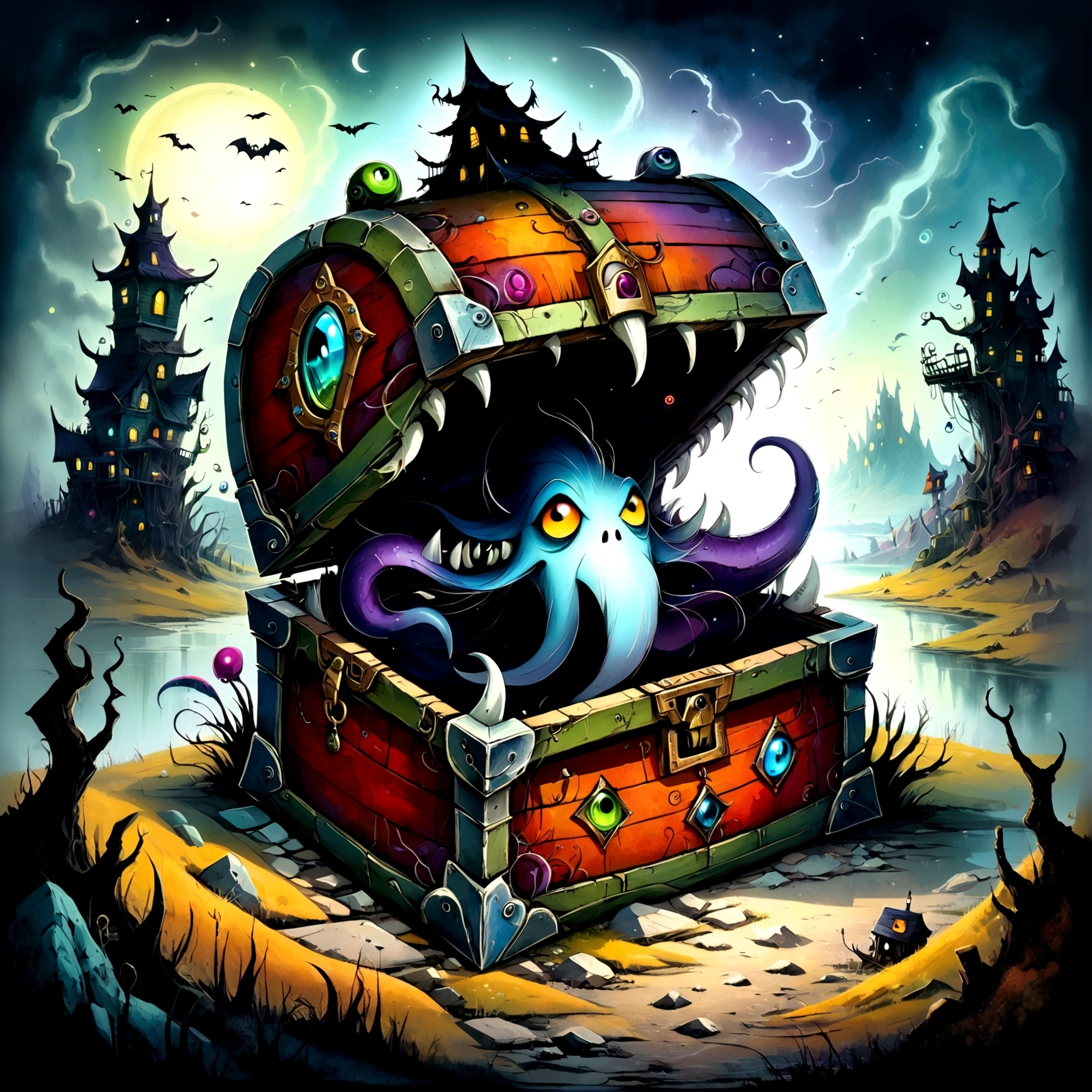 Colorful treasure chest monsters,Artistically expressed,by Alexander Jansson　style, Stunningly beautiful work, The characters and elements of the landscape fit perfectly within the image frame, Detailed realization, Define high quality, Expressive Face, Sharp eyes,(background:Ghost Town),masterpiece,Cute Monster,(mimic chest)