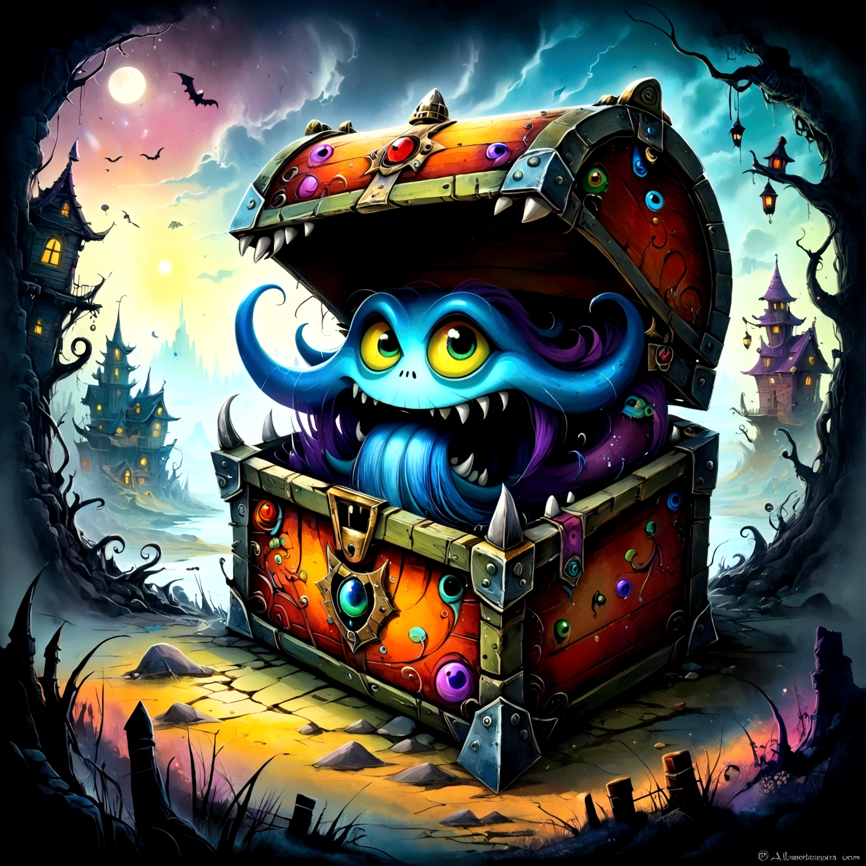 Colorful treasure chest monsters,Artistically expressed,by Alexander Jansson　style, Stunningly beautiful work, The characters and elements of the landscape fit perfectly within the image frame, Detailed realization, Define high quality, Expressive Face, Sharp eyes,(background:Ghost Town),masterpiece,Cute Monster,(mimic chest)