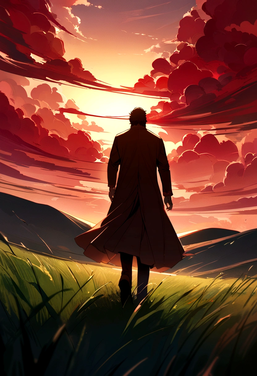 man with medium brown beard and medium long brown hair walking towards the horizon on a sunset with red clouds and a green meadow from a low angle