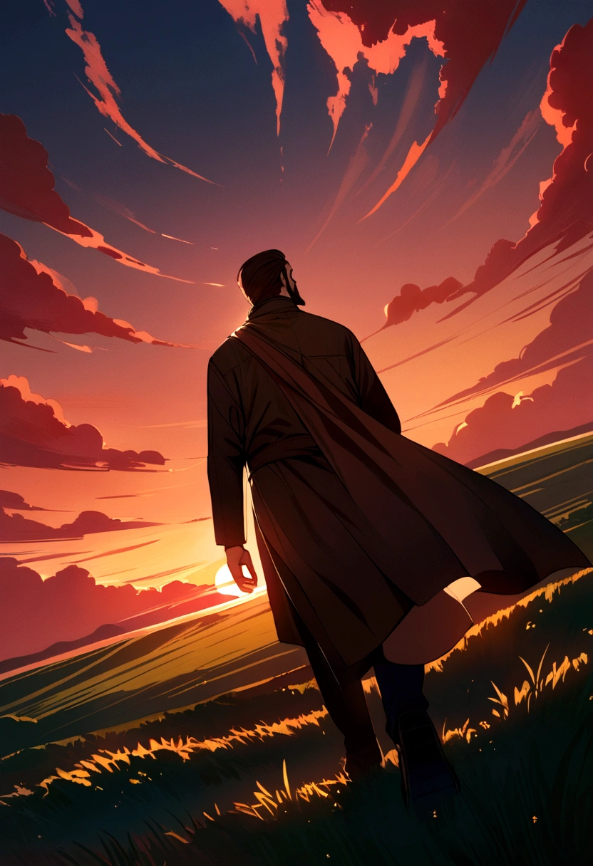 man with medium brown beard and medium long brown hair walking towards the horizon on a sunset with red clouds and a green meadow from a low angle