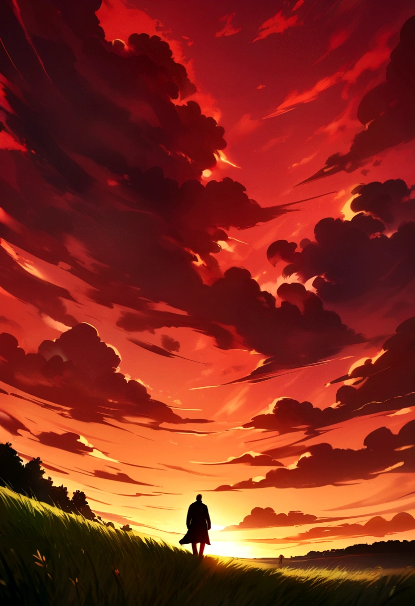 man with medium brown beard and medium long brown hair walking towards the horizon on a sunset with red clouds and a green meadow from a low angle