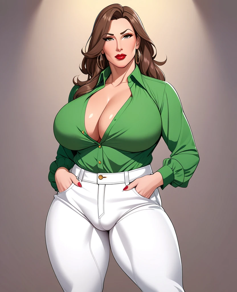 Masterpiece, hi res, absurdres, Best Quality, 4K, 8K, detailed, 1girl,solo, Mature female, Futanari,  tall, long Brown hair, stoic face, white pants,green shirt,tall,milf,red lipstick, prominent lips,curvy, big ass,hand on his,Big breasts,Protruding crotch,Big bulge on pants,Futanari,shemale, genitalia outline on clothing, erection,(Very big bulge),male genitalia, bulge