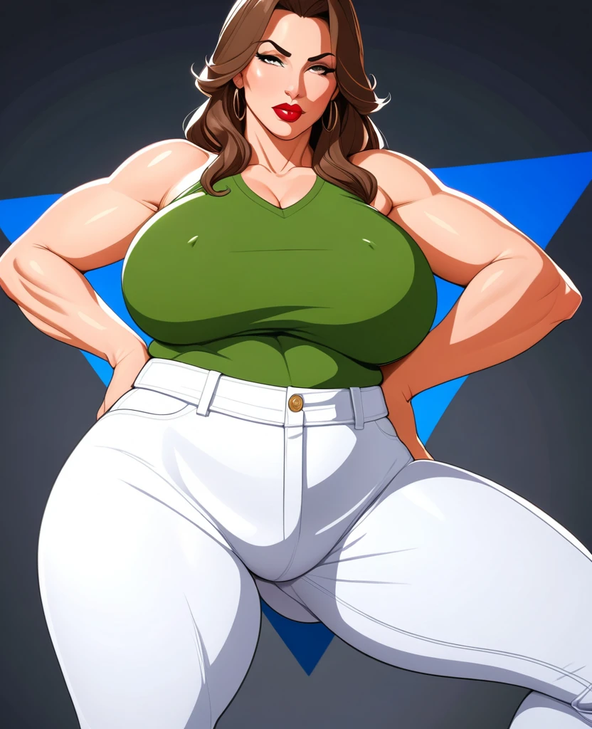 Masterpiece, hi res, absurdres, Best Quality, 4K, 8K, detailed, 1girl,solo, Mature female, Futanari,  tall, long Brown hair, stoic face, white pants,green shirt,tall,milf,red lipstick, prominent lips,curvy, big ass,hand on his,Big breasts,Protruding crotch,Big bulge on pants,Futanari,shemale, genitalia outline on clothing, erection,(Very big bulge),male genitalia, bulge