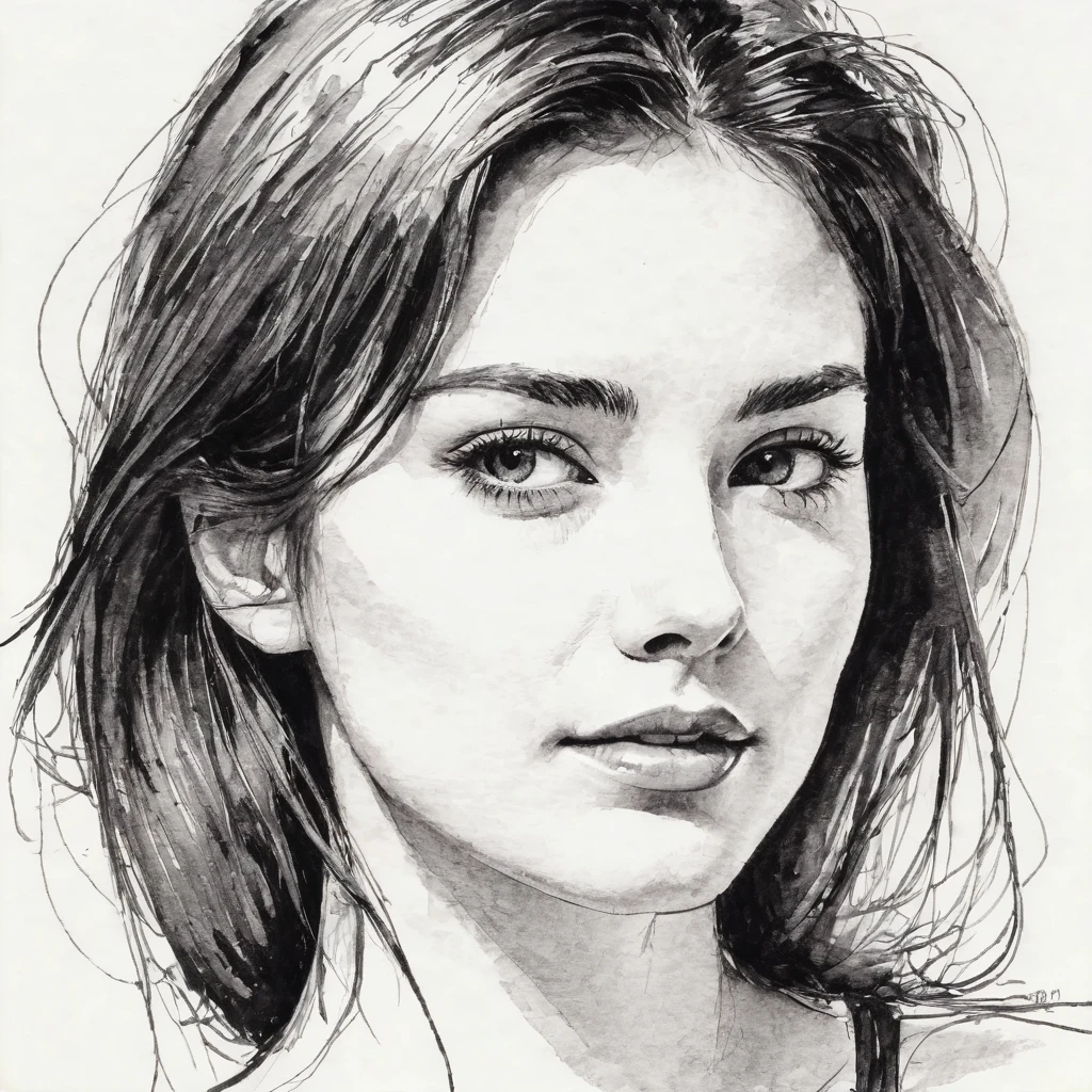 Pretty Woman, head to shoulders pose, wide, rough pen drawing with minimal strokes, Masterpiece