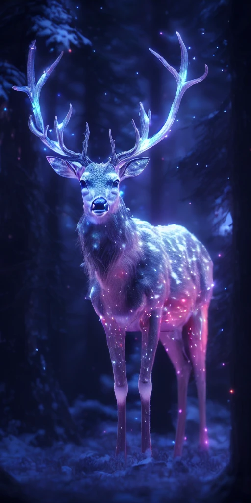 a close up of a deer with glowing antlers in a forest, 3d digital art 4k, digital art animal photo, digital artwork 4 k, holographic creatures, 4k highly detailed digital art, 8k high quality detailed art, 4k detailed digital art, 8 k ultra realistic animal, digital art 4k, digital art 4 k, detailed digital 3d art