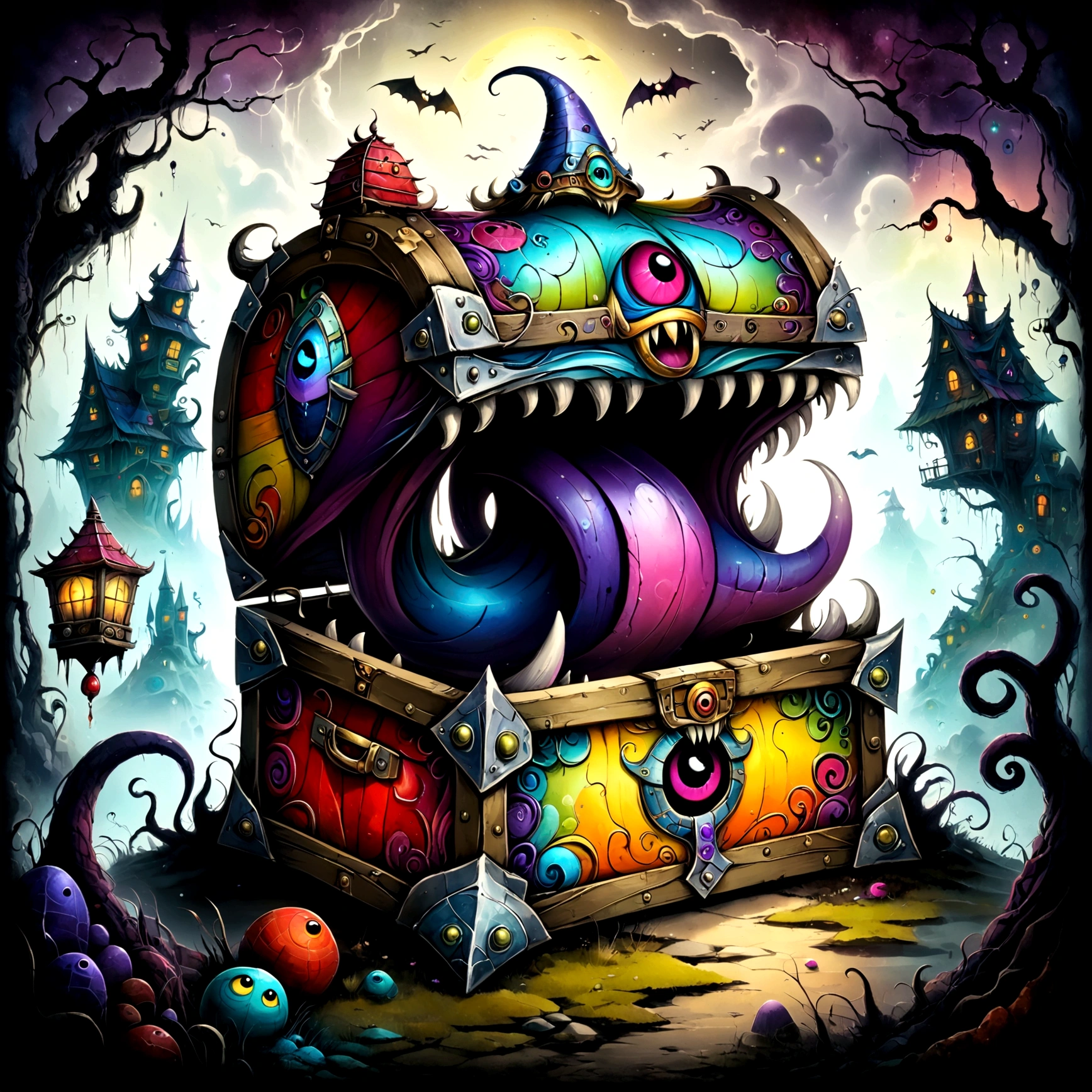 Colorful treasure chest monsters,(((mimic chest)),Artistically expressed,by Alexander Jansson　style, Stunningly beautiful work, The characters and elements of the landscape fit perfectly within the image frame, Detailed realization, Define high quality, Expressive Face, Sharp eyes,(background:Ghost House),masterpiece,Cute Monster