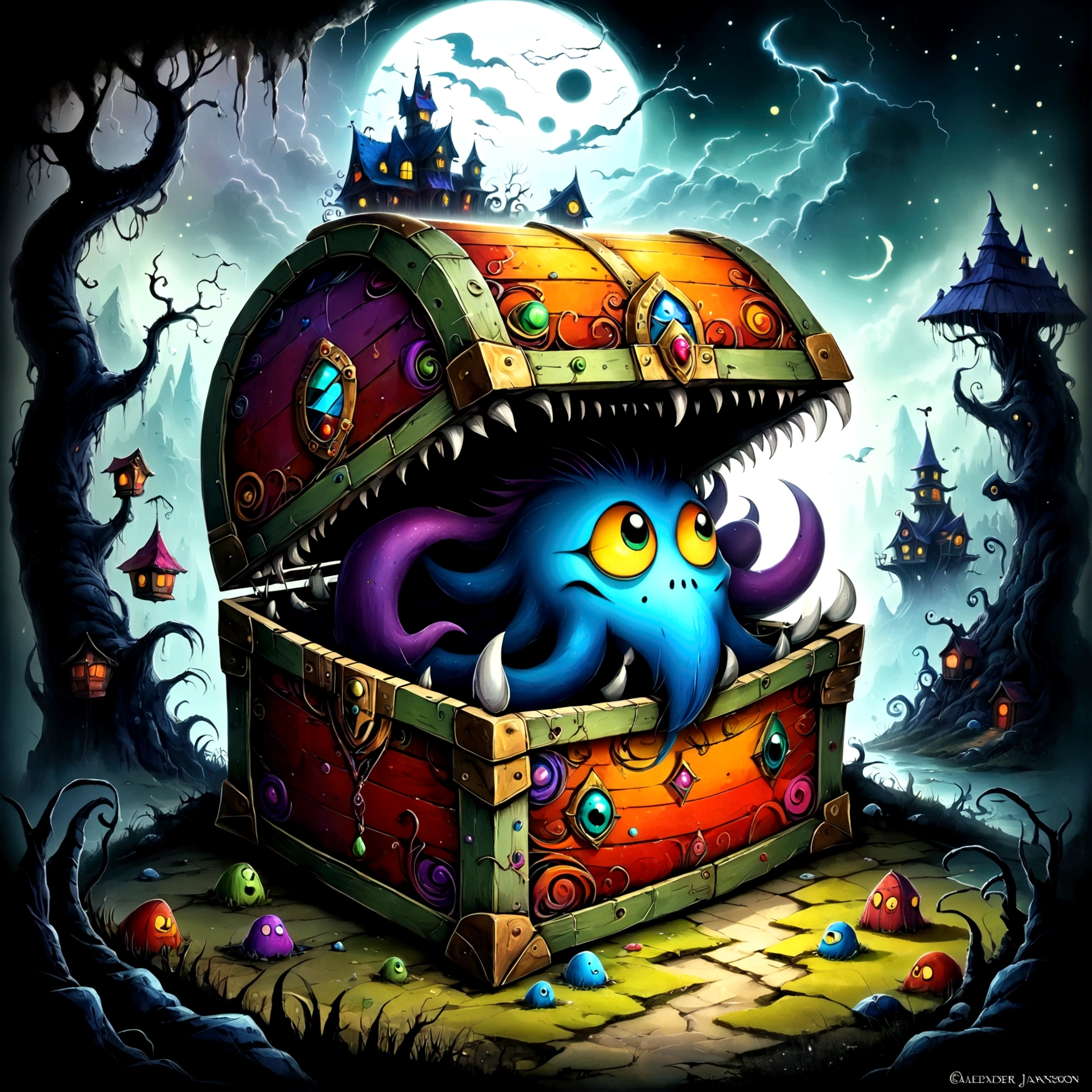 Colorful treasure chest monsters,(((mimic chest)),Artistically expressed,by Alexander Jansson　style, Stunningly beautiful work, The characters and elements of the landscape fit perfectly within the image frame, Detailed realization, Define high quality, Expressive Face, Sharp eyes,(background:Ghost House),masterpiece,Cute Monster