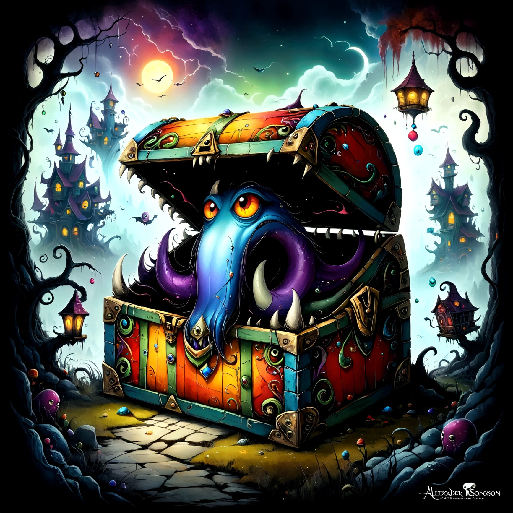 Colorful treasure chest monsters,(((mimic chest)),Artistically expressed,by Alexander Jansson　style, Stunningly beautiful work, The characters and elements of the landscape fit perfectly within the image frame, Detailed realization, Define high quality, Expressive Face, Sharp eyes,(background:Ghost House),masterpiece,Cute Monster