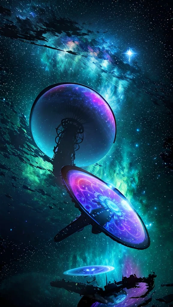 (Best quality,Ultra-detailed,Realistic:1.37), Extraterrestrial life form (Latina Adult Model Daisy Marie), Glowing ethereal eyes, Intricate alien characteristics, busty,[(((Glassy transparent skin alien)))+purpleish color], Vibrant colors, celestial background, Cosmic atmosphere, mystical aura, otherworldly presence, Starry sky, Radiant celestial bodies, Interstellar beauty, Mesmerizing light patterns, Surrealist composition, Otherworldly brilliance, starry,stars, cloud,colorful