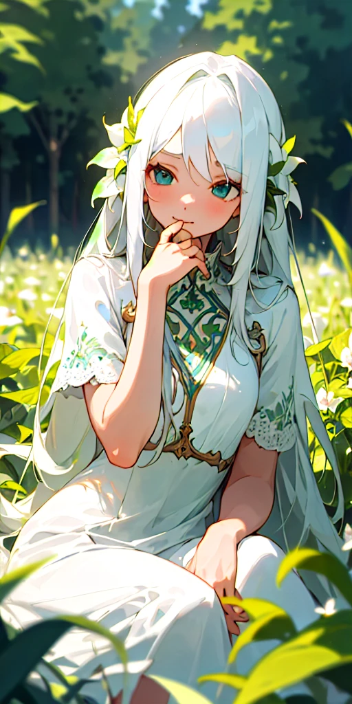 (masterpiece, best quality),1girl with long white hair sitting in a field of green plants and flowers, her hand under her chin, warm lighting, white dress, blurry foreground