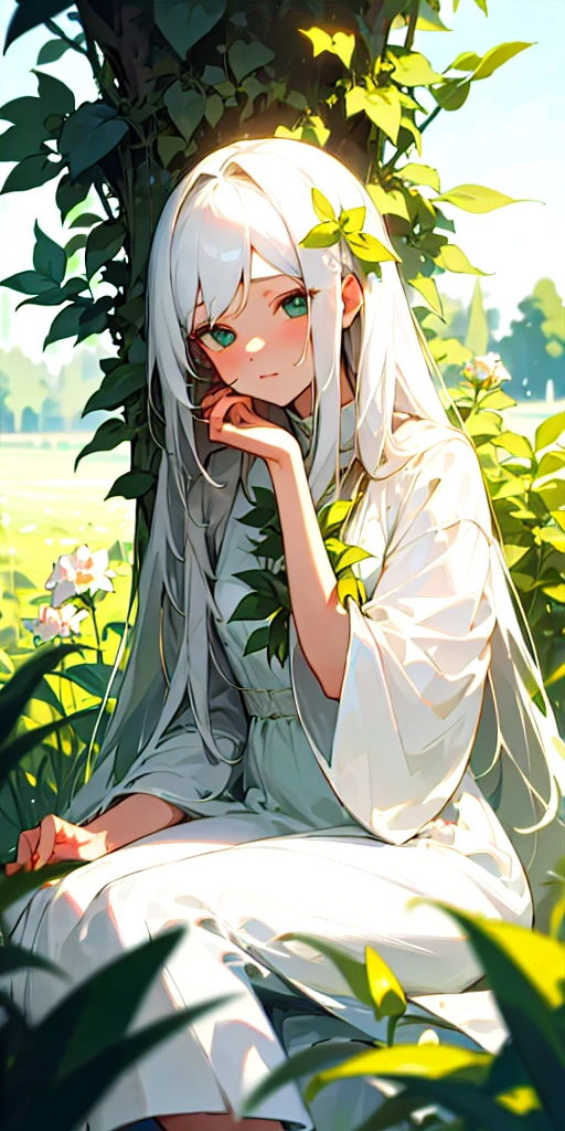 (masterpiece, best quality),1girl with long white hair sitting in a field of green plants and flowers, her hand under her chin, warm lighting, white dress, blurry foreground
