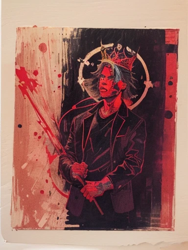 painting of a man with a hat and a cane in his hands, man with a crown, woodcut print, portrait of saint of the pit, in style of francis bacon, king of hell, master color woodblock print, the king of hell, basquiat + francis bacon, risoprint, with a red halo over her head, linocut print