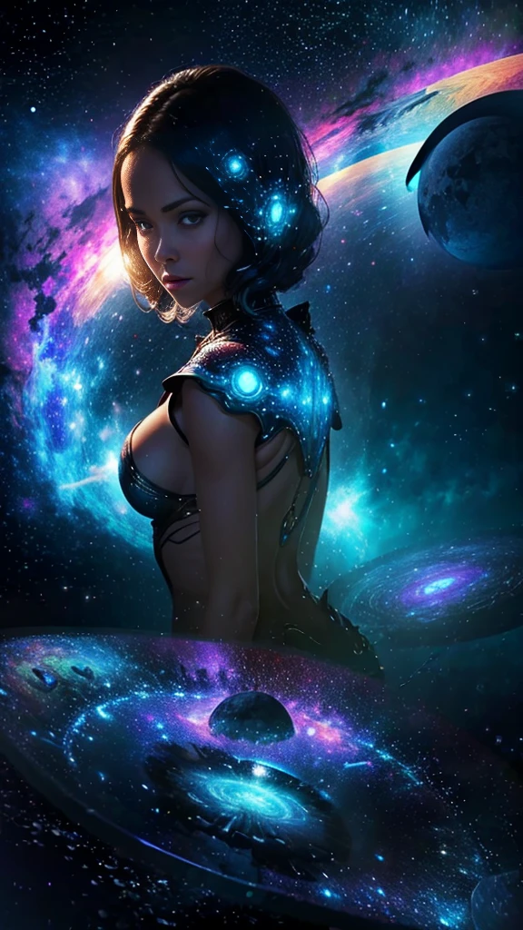 (Best quality,Ultra-detailed,Realistic:1.37), Extraterrestrial life form (Latina Adult Model Daisy Marie), Glowing ethereal eyes, Intricate alien characteristics, busty,[(((Glassy transparent skin alien)))+purpleish color], Vibrant colors, celestial background, Cosmic atmosphere, mystical aura, otherworldly presence, Starry sky, Radiant celestial bodies, Interstellar beauty, Mesmerizing light patterns, Surrealist composition, Otherworldly brilliance, starry,stars, cloud,colorful