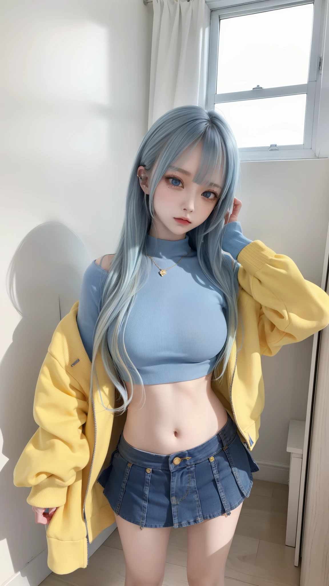 masterpiece, best quality, highly detailed,1girl,indoors, , split-color hair, yellow and Blue hair, Narrow, sharp eyes、, clothes, blue eyes、From head to toe、mini skirt、