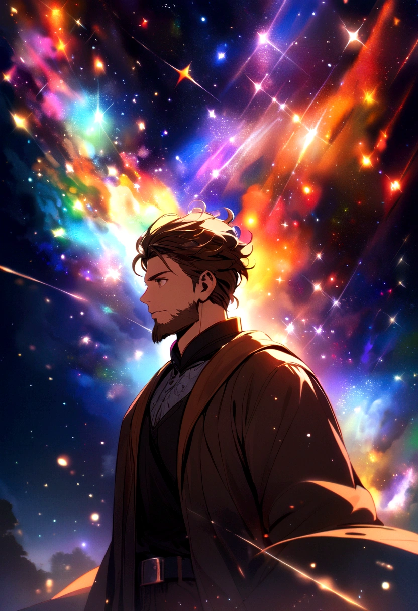 young man with medium brown beard and medium long brown hair looking at night sky with bright stars and galaxies