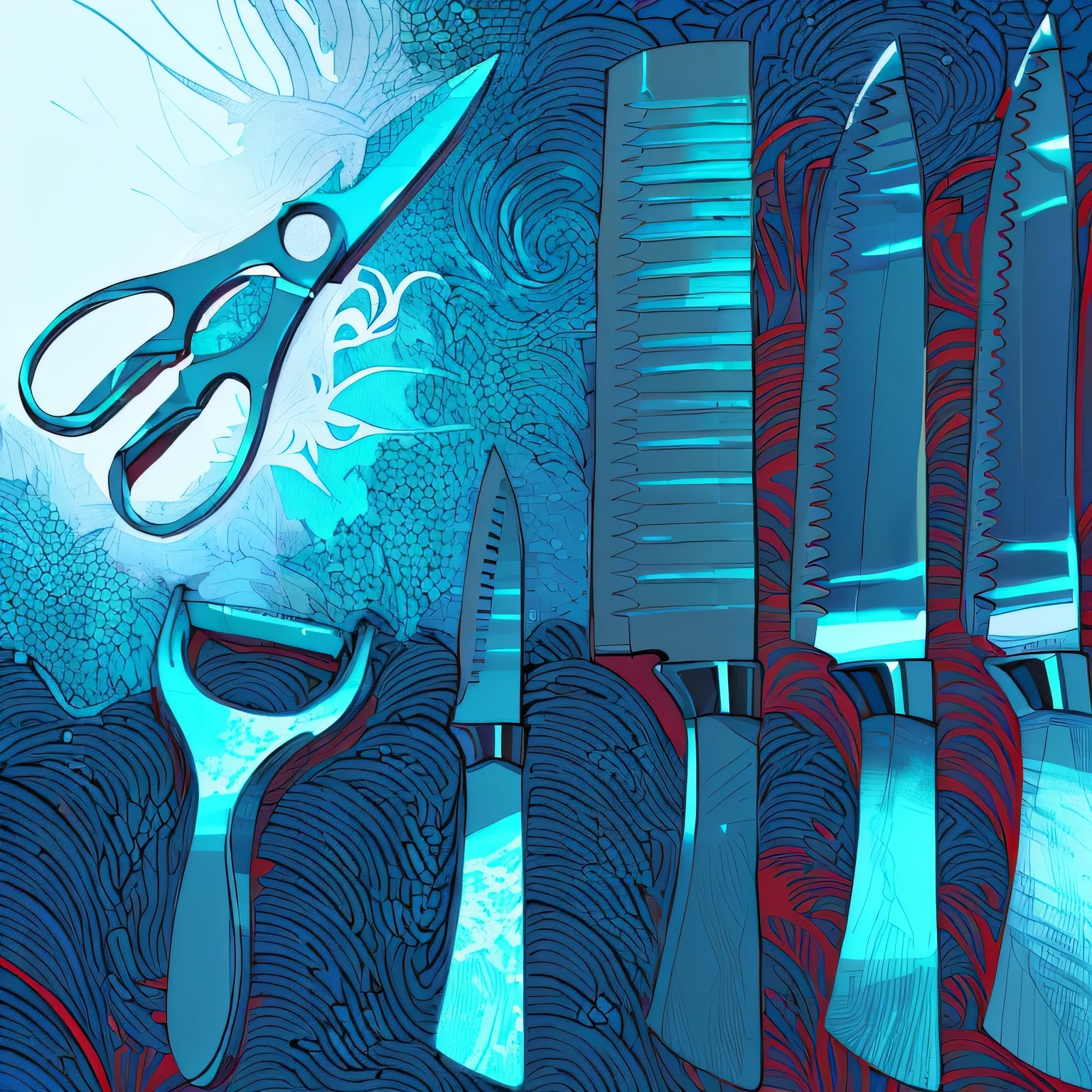 a close up of a group of knives and a pair of scissoring, knives, placed against a white background, Spitz and clear, smooth and Spitz, crisp and Spitz, holding magical kitchen knives, Spitz and smooth, cutlery, curved blades on each hand, blades, Kitchen utensils, metal, Easy, cannibal, Spitz details, Spitz, scissoring, Spitz!, to share